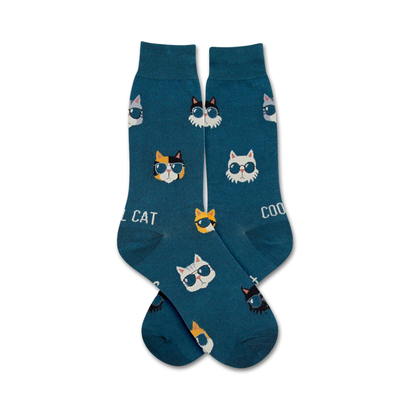 Pair of teal crew socks with a repeating pattern of cats wearing sunglasses.  The cats are white, black, orange, and calico.