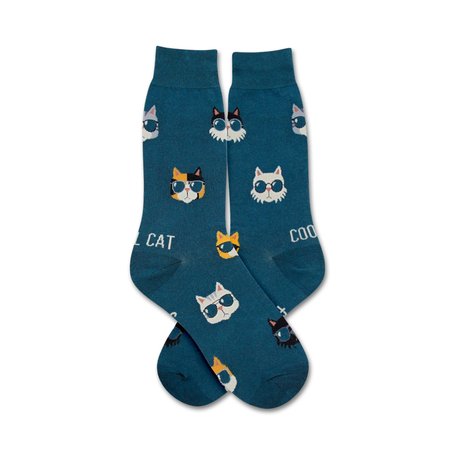 Pair of teal crew socks with a repeating pattern of cats wearing sunglasses.  The cats are white, black, orange, and calico.