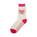 Cream crew socks with pink and red accents. Features a pink heart with MOM and 'Heart of the Home' text.