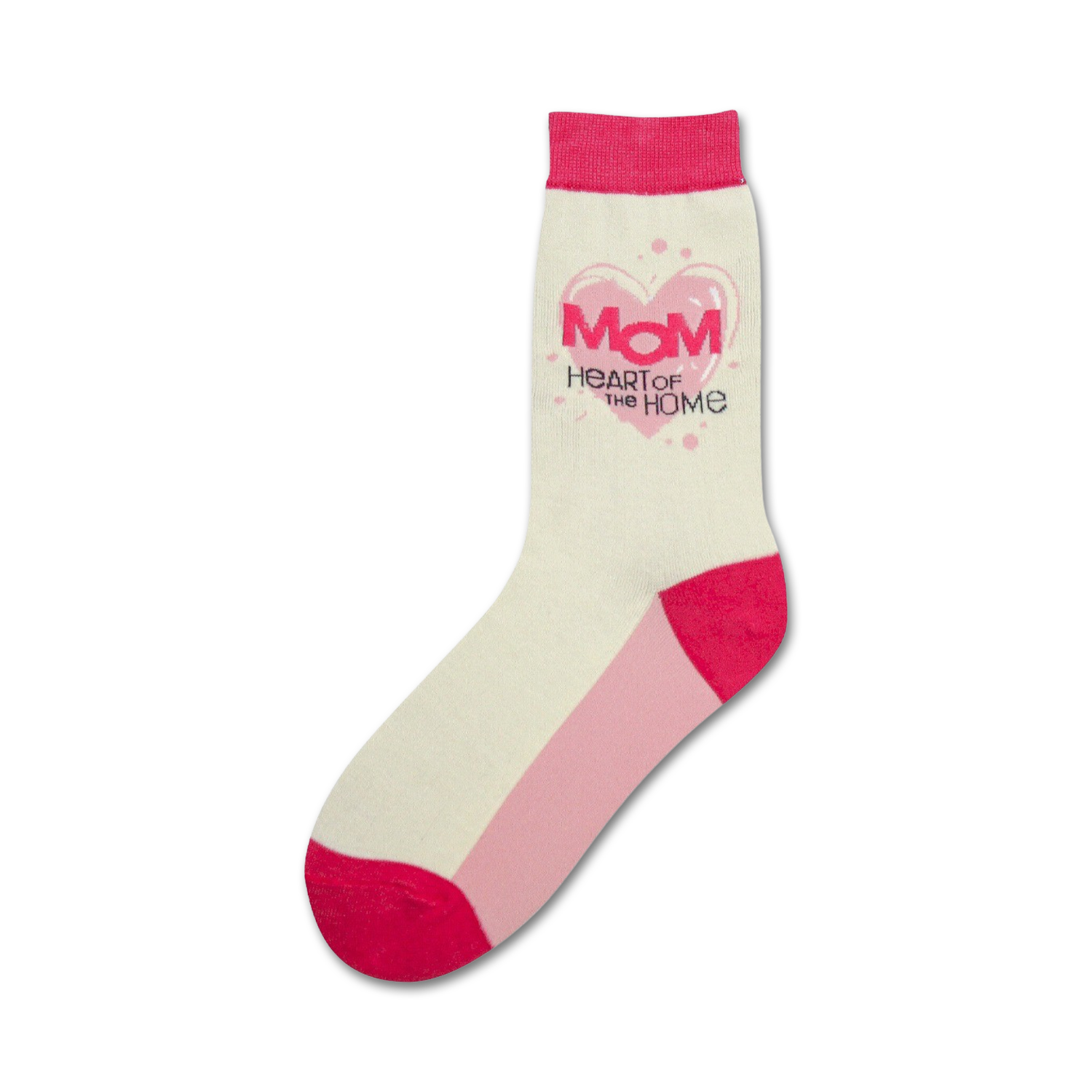Cream crew socks with pink and red accents. Features a pink heart with MOM and 'Heart of the Home' text.