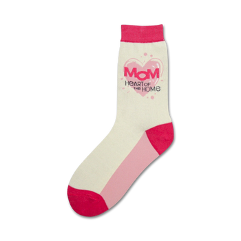white, pink, and red women's crew socks with "mom...heart of the home" printed on them.  