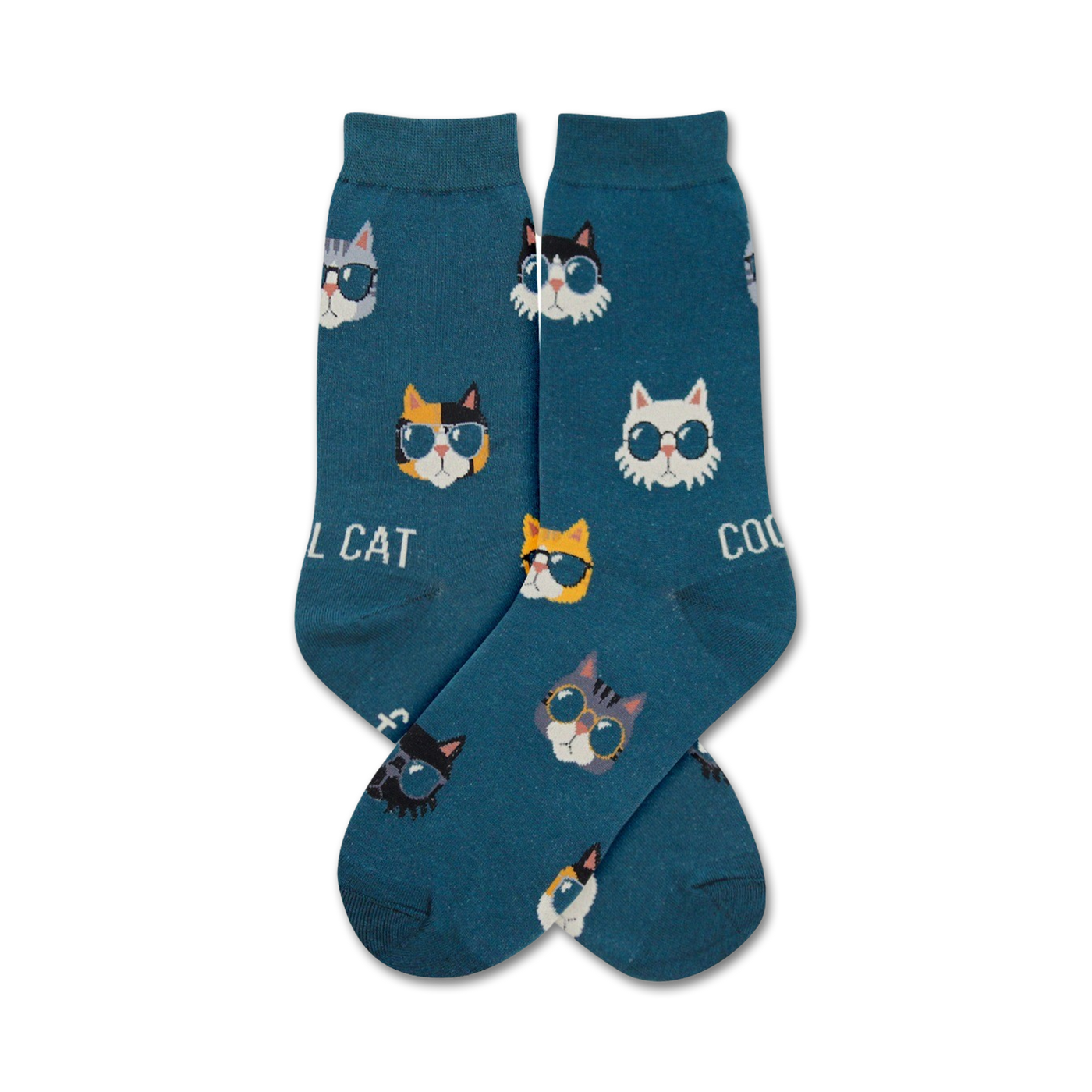A pair of teal crew socks with a fun pattern of cats wearing sunglasses. The cats are in various colors and styles.