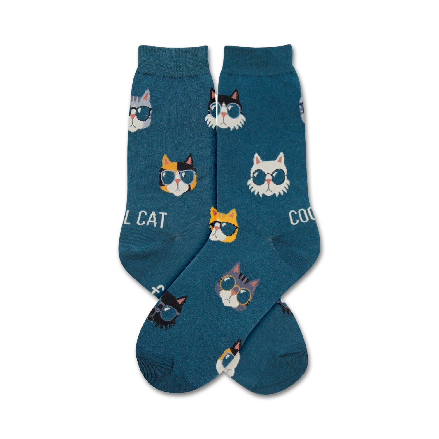 A pair of teal crew socks with a fun pattern of cats wearing sunglasses. The cats are in various colors and styles.