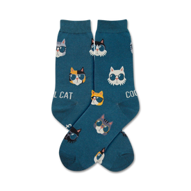 women's blue crew socks featuring a pattern of cartoon cats in sunglasses.  