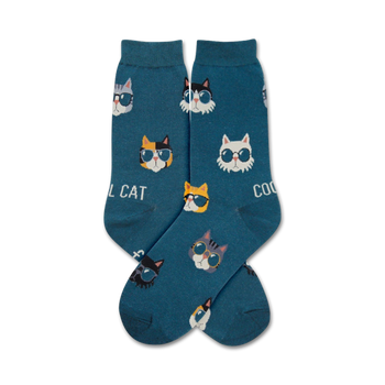 women's blue crew socks featuring a pattern of cartoon cats in sunglasses.  