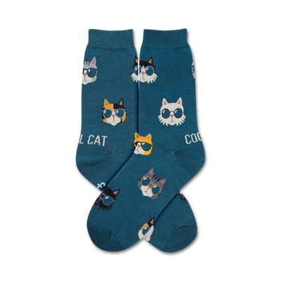 women's blue crew socks featuring a pattern of cartoon cats in sunglasses.  