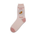 Pink crew socks with a cute hamster running in a wheel. The socks say 'Everyday I'm Hustlin''. 