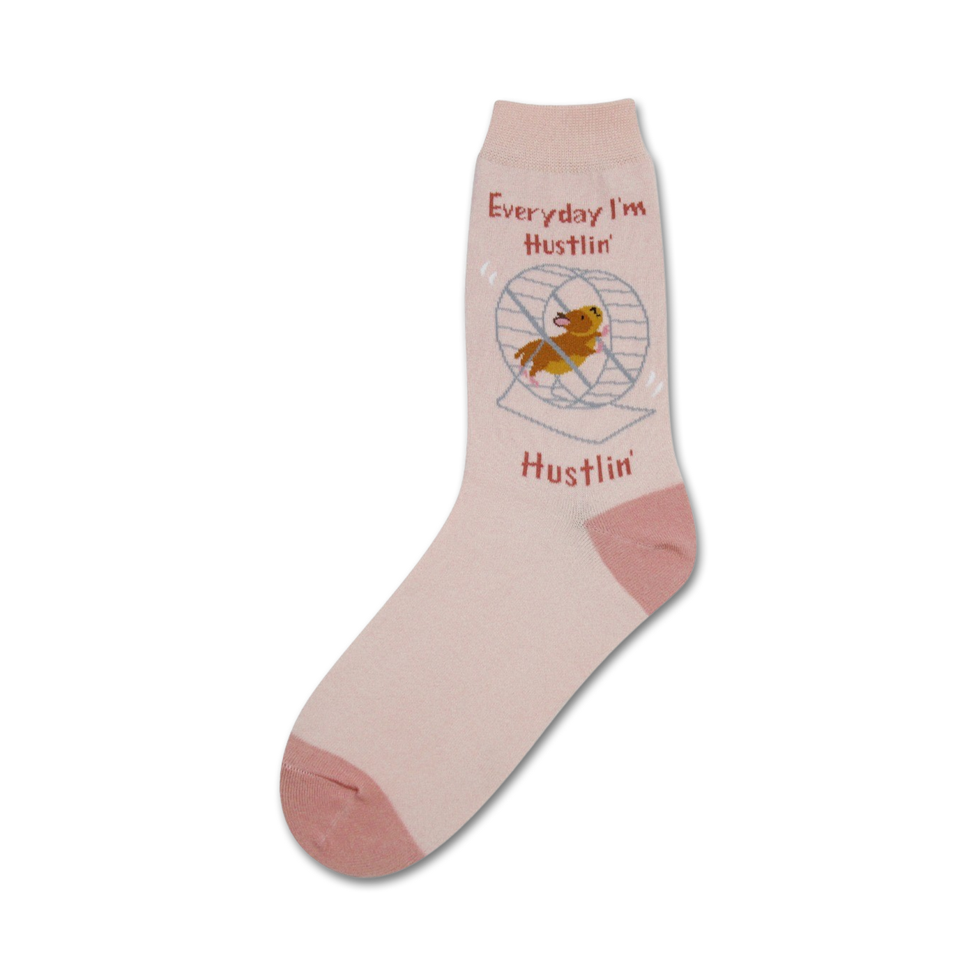 Pink crew socks with a cute hamster running in a wheel. The socks say 'Everyday I'm Hustlin''. 
