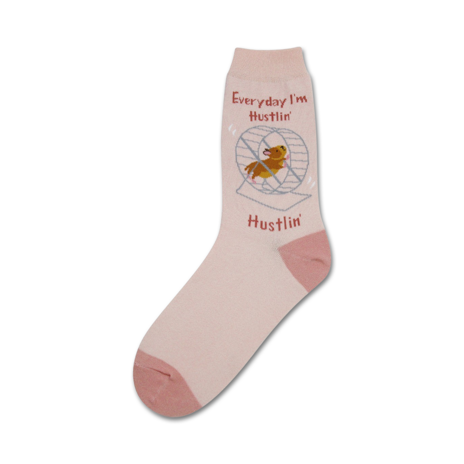 Pink crew socks with a cute hamster running in a wheel. The socks say 'Everyday I'm Hustlin''. 