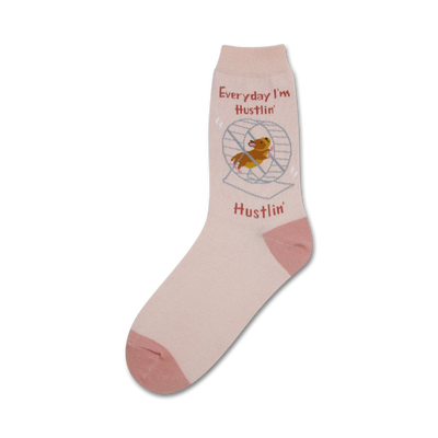 crew length women's socks with hamster in wheel and words "everyday i'm hustlin'".    