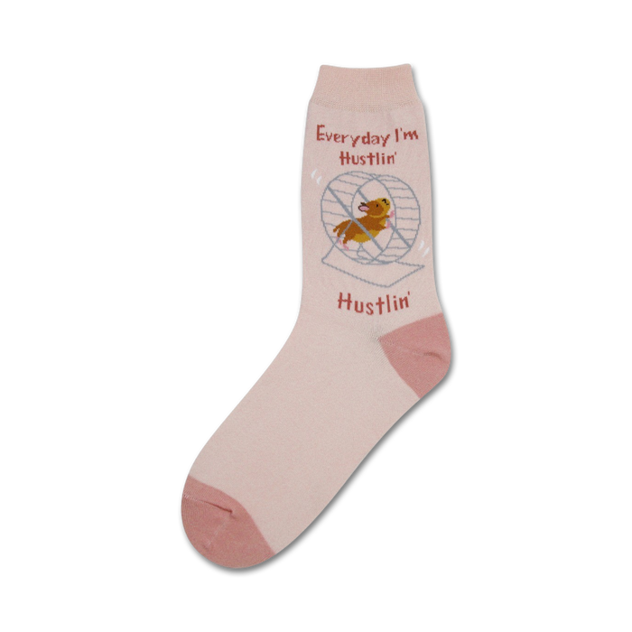 crew length women's socks with hamster in wheel and words 