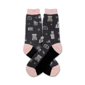 Pair of dark gray crew socks with a pattern of vintage cameras and stars. Pink and black accents.