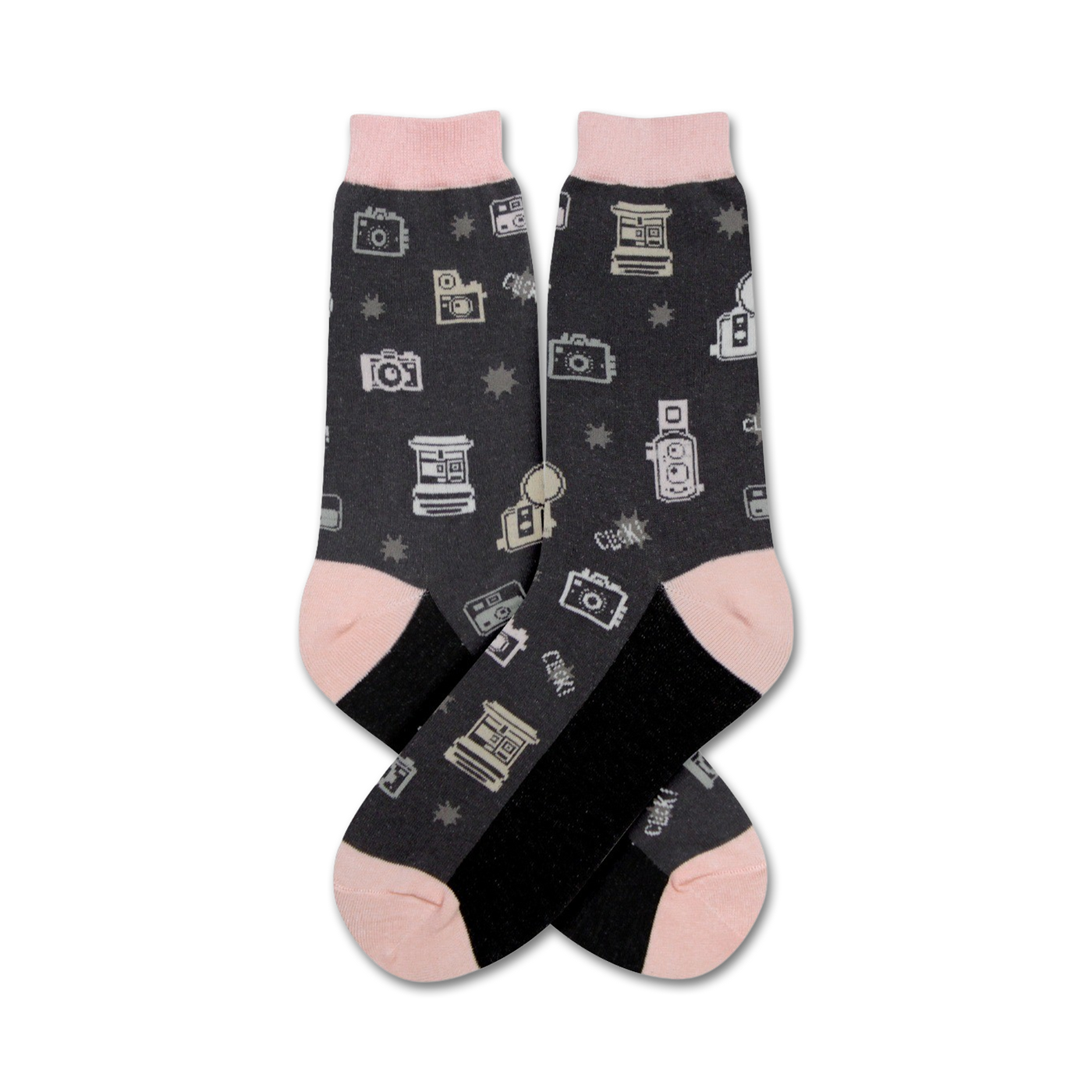 Pair of dark gray crew socks with a pattern of vintage cameras and stars. Pink and black accents.