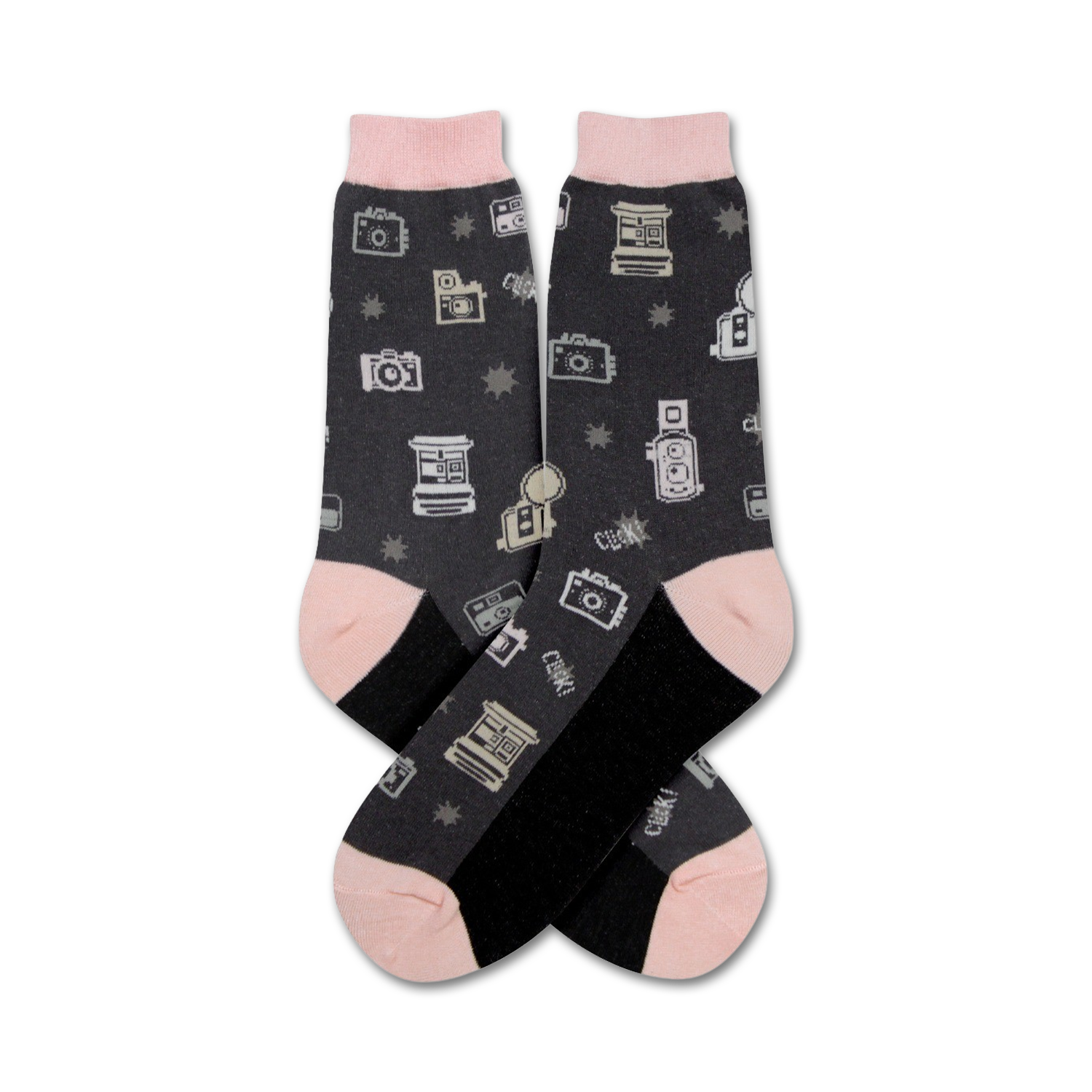 Pair of dark gray crew socks with a pattern of vintage cameras and stars. Pink and black accents.