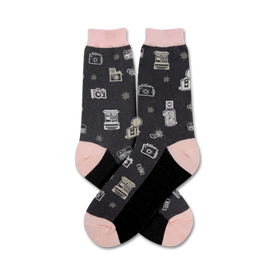 black crew socks with a gray and pink camera pattern.  