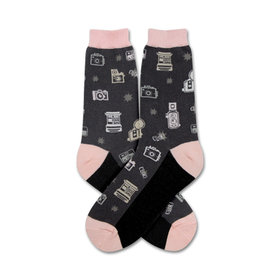 black crew socks with a gray and pink camera pattern.  