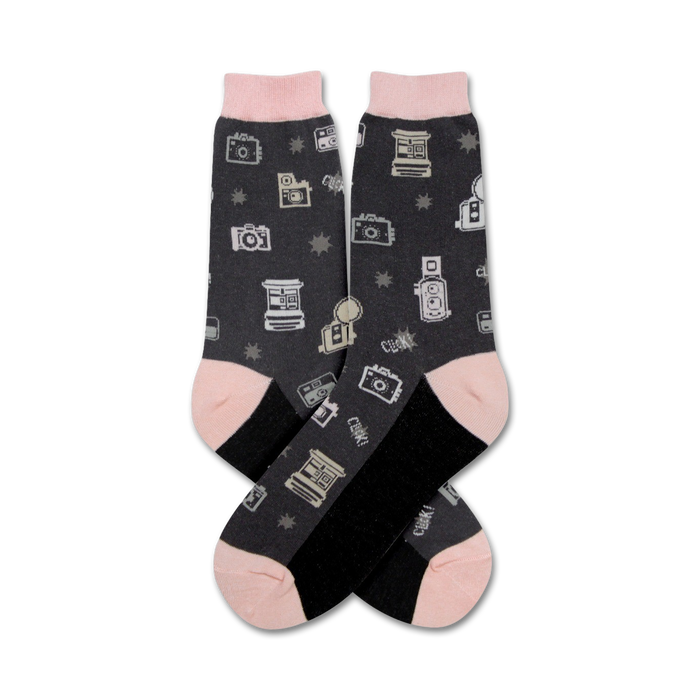 black crew socks with a gray and pink camera pattern.   }}