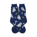 A pair of navy blue crew socks featuring a repeating pattern of white snowy owls, snowflakes, and winter-themed elements.