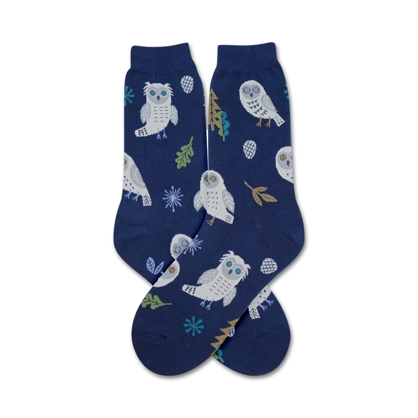 A pair of navy blue crew socks featuring a repeating pattern of white snowy owls, snowflakes, and winter-themed elements.