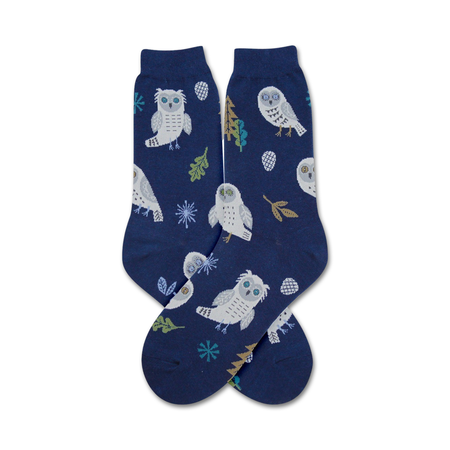A pair of navy blue crew socks featuring a repeating pattern of white snowy owls, snowflakes, and winter-themed elements.