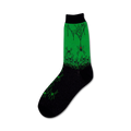 A crew sock in black and green, featuring a design of numerous spiders and spiderwebs across the sock.
