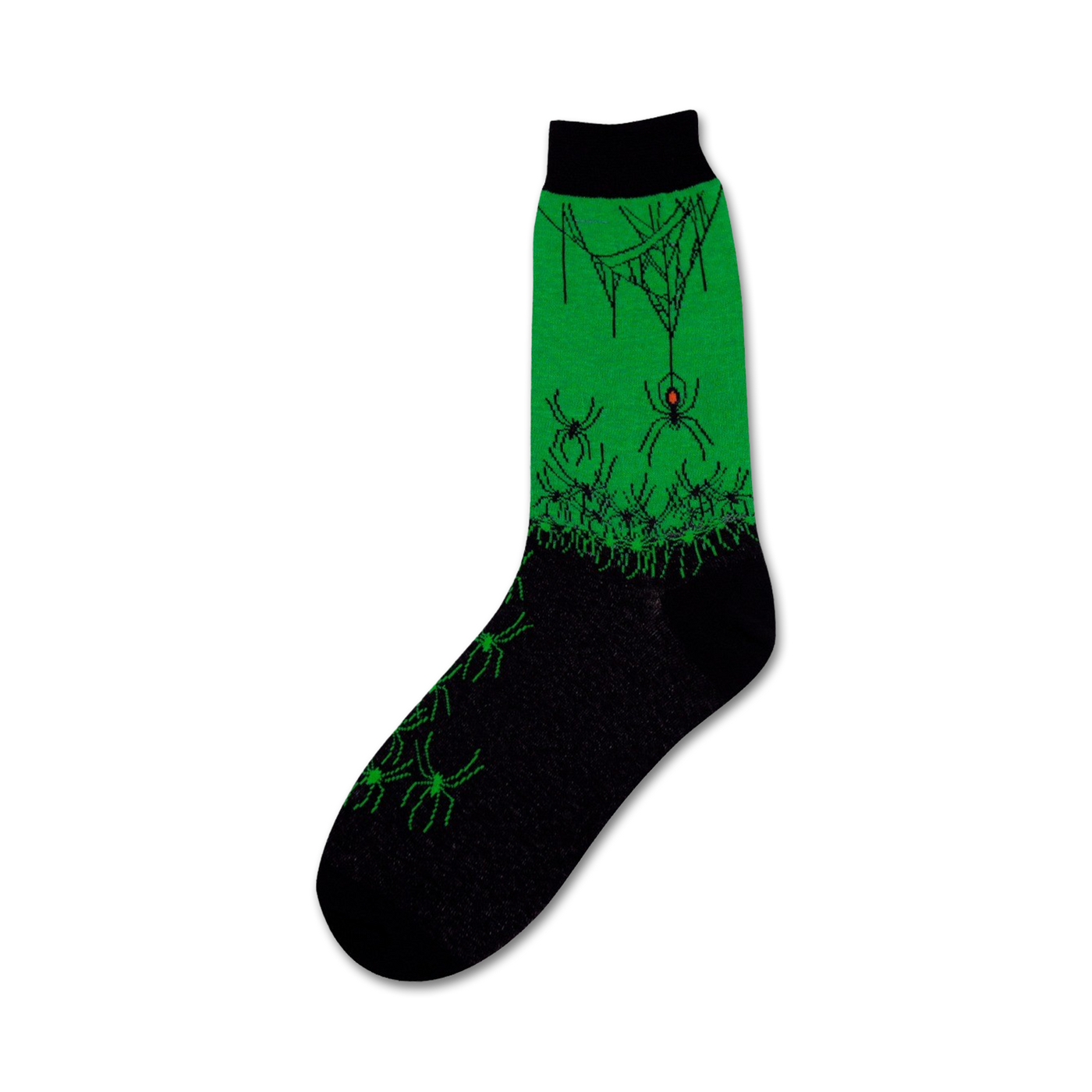 A crew sock in black and green, featuring a design of numerous spiders and spiderwebs across the sock.