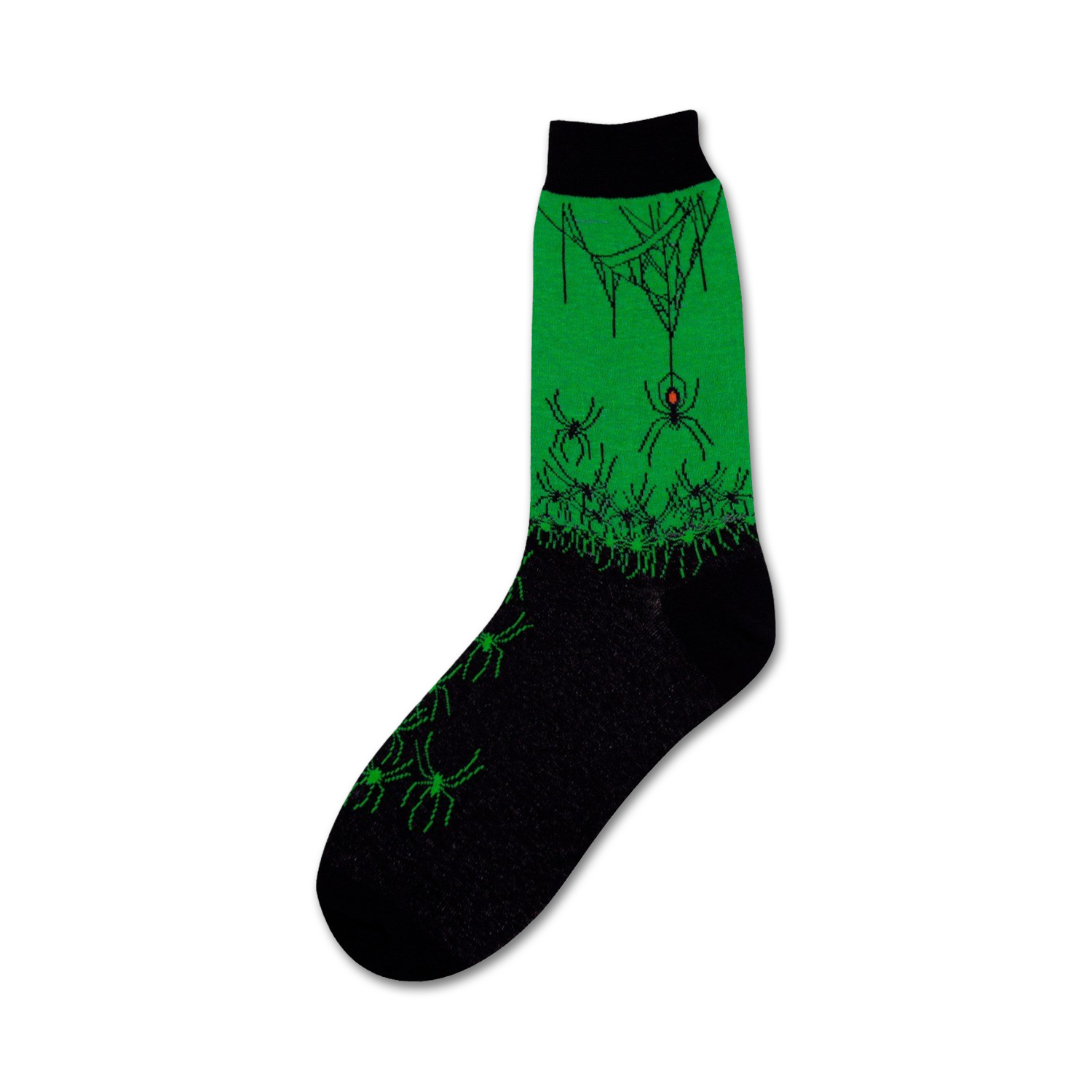 A crew sock in black and green, featuring a design of numerous spiders and spiderwebs across the sock.