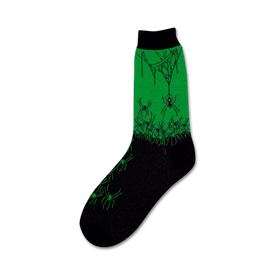 women's crew socks with green and black spiders and cobwebs with red abdomens. halloween costume friendly.   
