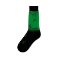 Black and green crew socks with an all-over spider design.  A large spider hangs from a web on the sock's green section, with smaller spiders scattered across the black bottom.