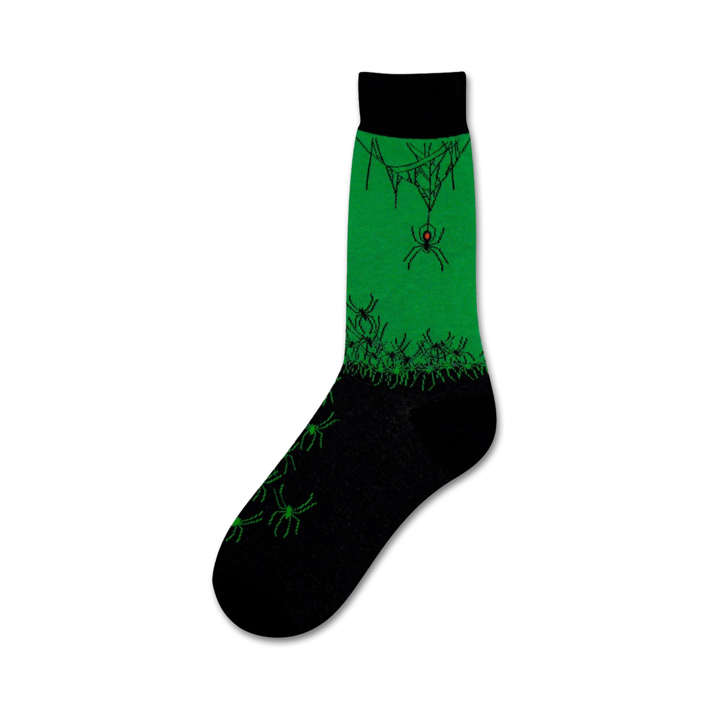 Black and green crew socks with an all-over spider design.  A large spider hangs from a web on the sock's green section, with smaller spiders scattered across the black bottom.