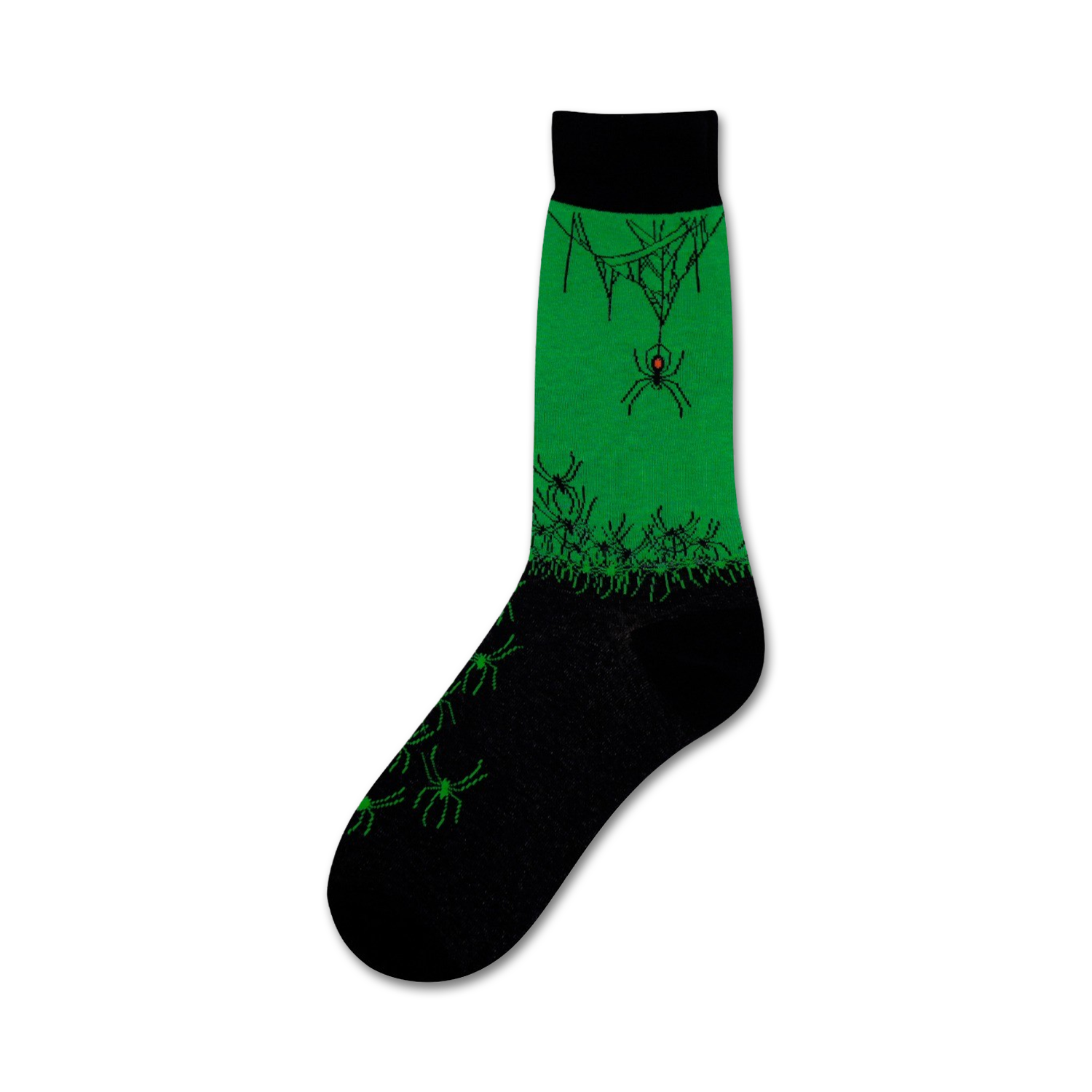 Black and green crew socks with an all-over spider design.  A large spider hangs from a web on the sock's green section, with smaller spiders scattered across the black bottom.