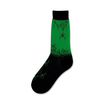 mens black and green spiderweb and spider crew socks   