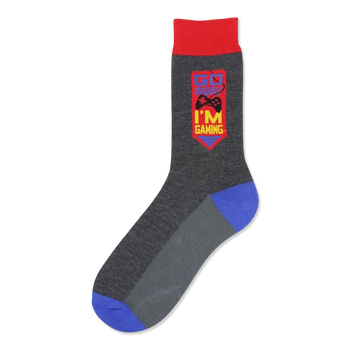 Crew socks in gray, red, and blue.  A red and yellow emblem says 'I'm Gaming' with a game controller graphic.