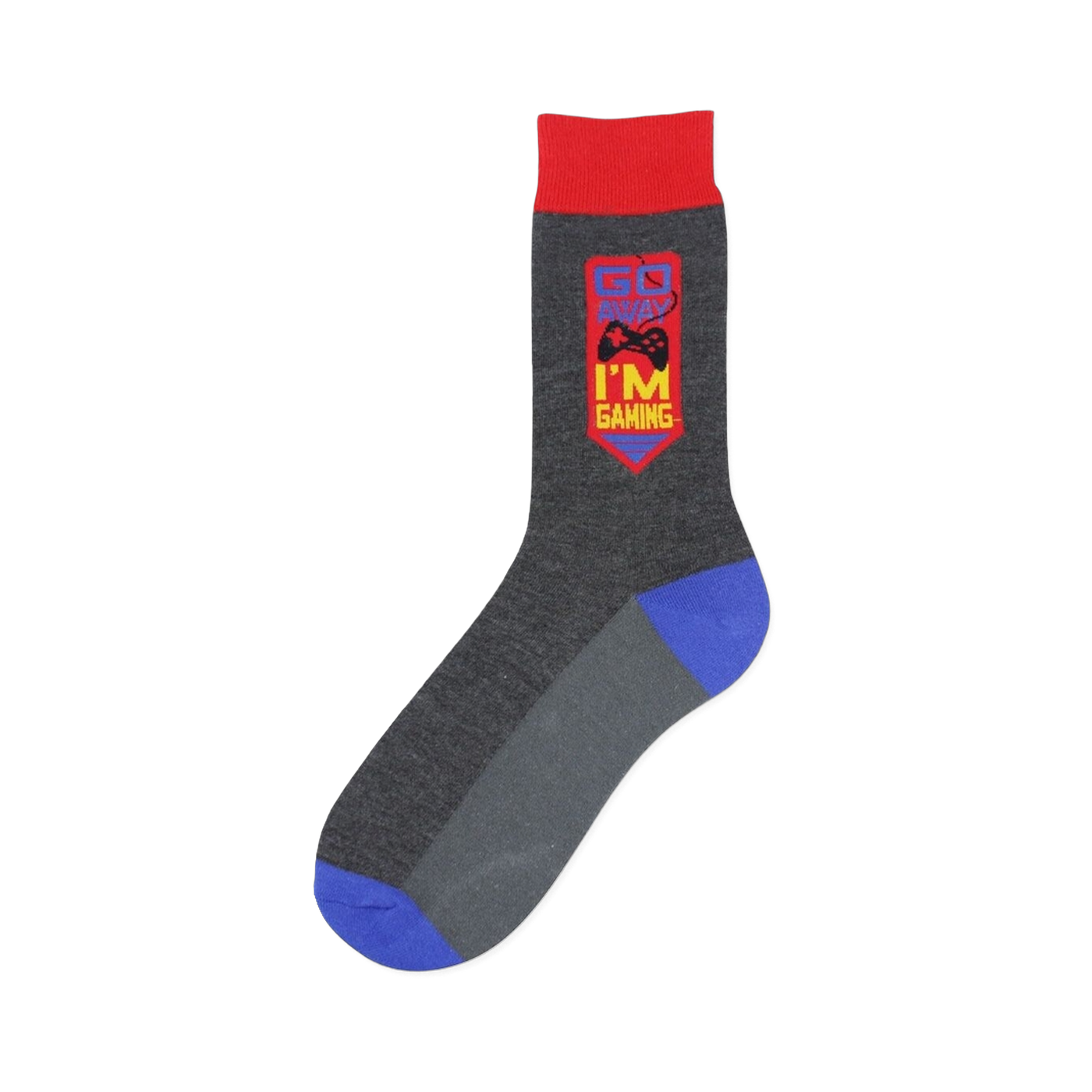 Crew socks in gray, red, and blue.  A red and yellow emblem says 'I'm Gaming' with a game controller graphic.