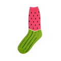Crew sock designed like a watermelon with a pink top featuring black seeds and a green foot with dark green stripes.