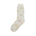 Off-white crew sock covered in small pastel rainbows with tiny hearts underneath, plus colorful stripes on the sole.