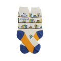 Cream socks showing brown shelves with colorful books, No Shelf Control text, and bright blue and mustard yellow soles.