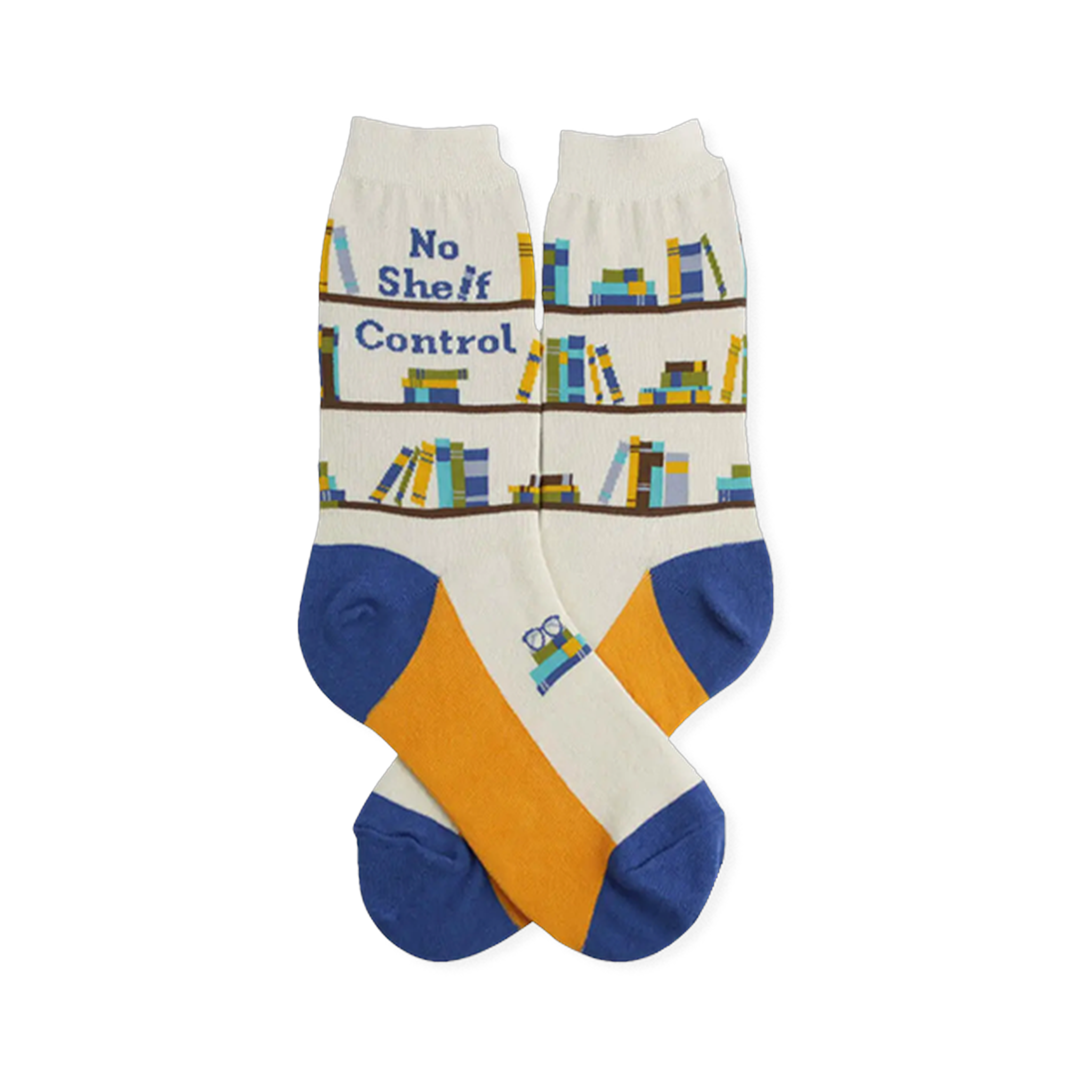 Cream socks showing brown shelves with colorful books, No Shelf Control text, and bright blue and mustard yellow soles.
