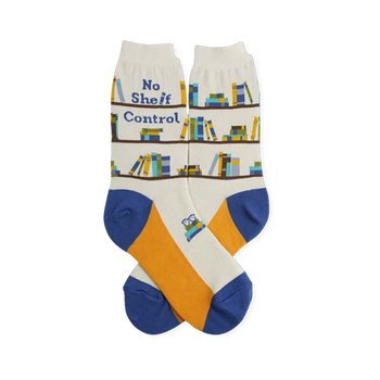 Cream socks showing brown shelves with colorful books, No Shelf Control text, and bright blue and mustard yellow soles.