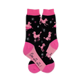 Black crew socks patterned with pink poodles and starbursts, finished with bright pink toes, heels, cuffs, and soles.
