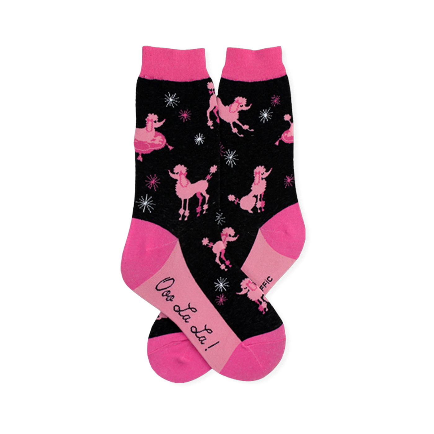 Black crew socks patterned with pink poodles and starbursts, finished with bright pink toes, heels, cuffs, and soles.