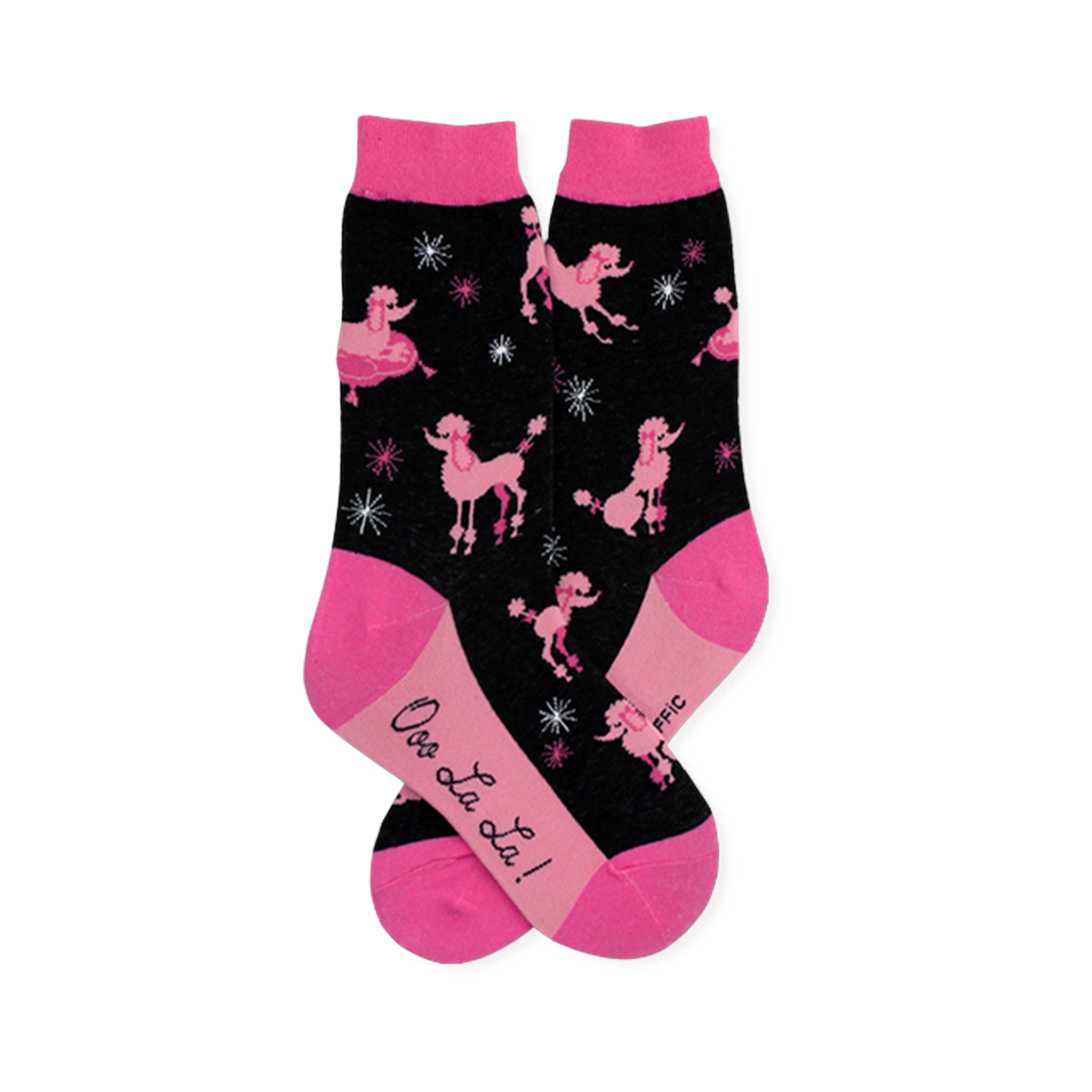 Black crew socks patterned with pink poodles and starbursts, finished with bright pink toes, heels, cuffs, and soles.