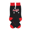 Pair of black pinstripe socks with red cuffs. Features a baseball graphic and three stars.