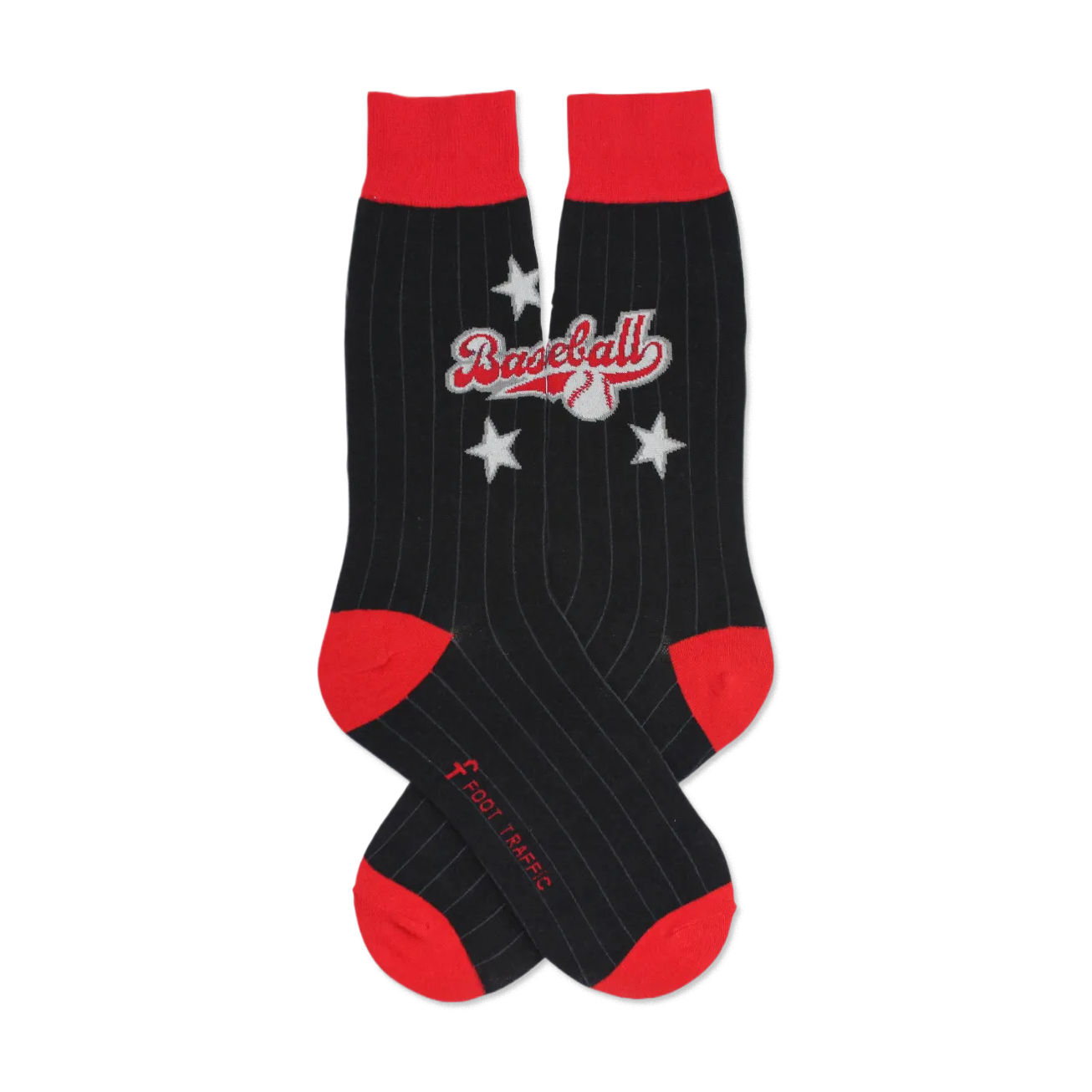 Pair of black pinstripe socks with red cuffs. Features a baseball graphic and three stars.