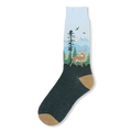 Dark green crew sock with tan accents featuring a landscape of a white tail buck, green pine trees, birds, and blue mountains