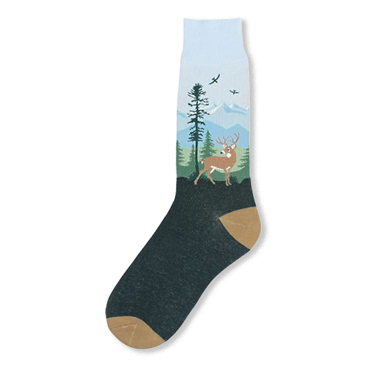 Dark green crew sock with tan accents featuring a landscape of a white tail buck, green pine trees, birds, and blue mountains