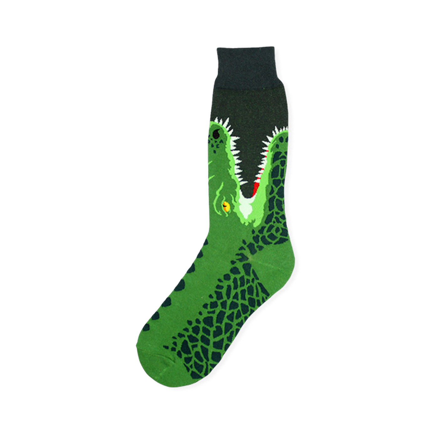 Black crew sock featuring a large green alligator head with open jaws, white teeth, and dark scale patterns down the foot.