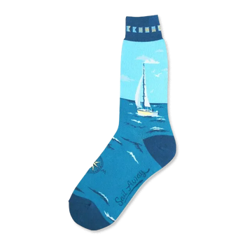 Crew socks in teal and light blue, depicting a sailboat on the ocean.  The socks also feature a small compass and the words 'Sail Away'.