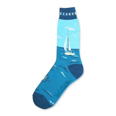 Crew socks in teal and light blue, depicting a sailboat on the ocean.  The socks also feature a small compass and the words 'Sail Away'.