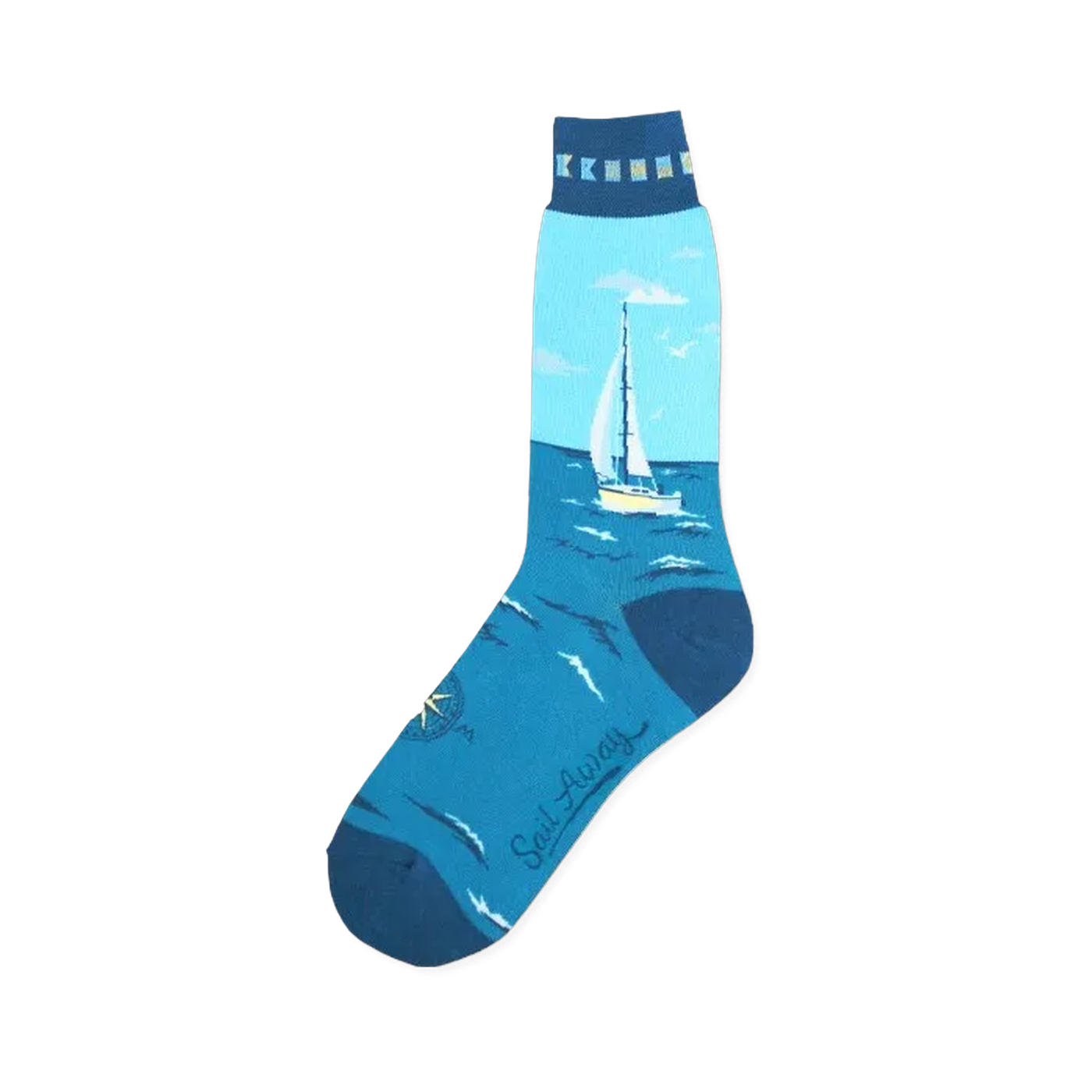 Crew socks in teal and light blue, depicting a sailboat on the ocean.  The socks also feature a small compass and the words 'Sail Away'.
